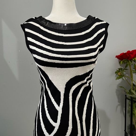 NEW INC Stripe Colorblock Iridescent Sequins Two Tone Bateau Knit Midi Dress NWT - Picture 2 of 16